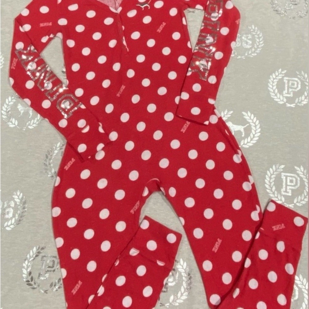 Pink Victoria Secret Onesie Pajamas PJ Med Polka Dot Rare HTF Discontinued Xmas